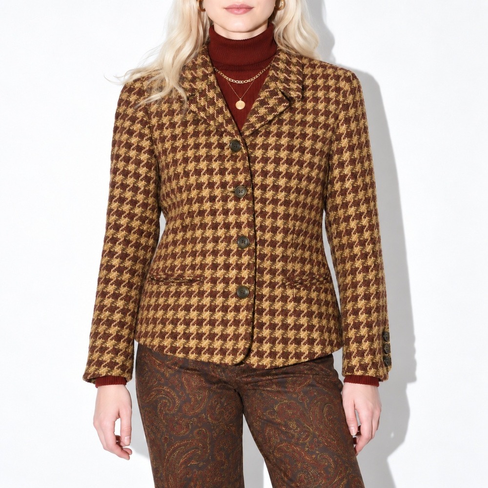 LOFT Blazer Womens 6P Petite Brown Houndstooth Check Wool Vintage 90s Jacket